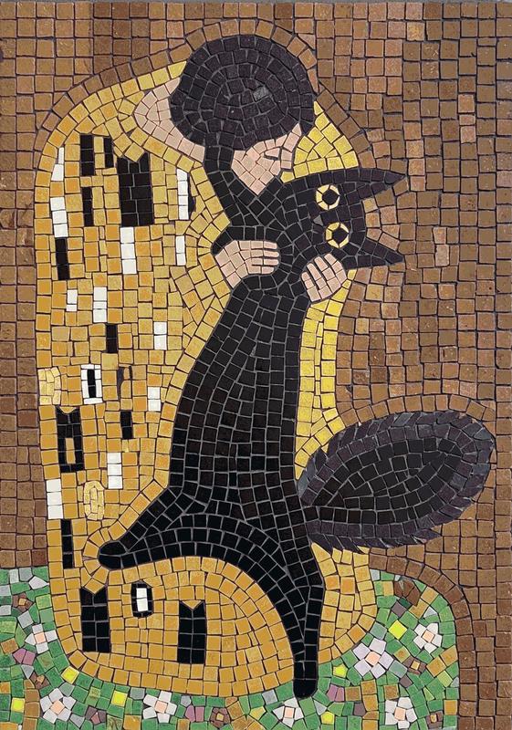 Mosaic Art: Person Embracing a Black Cat