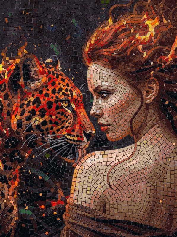 Mystical Woman and Leopard Mosaic Art