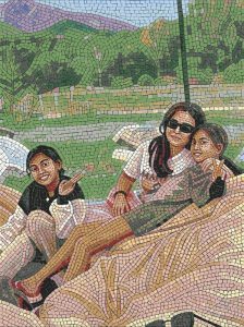 Three Friends Mosaic Art – Joyful Outdoor Scene