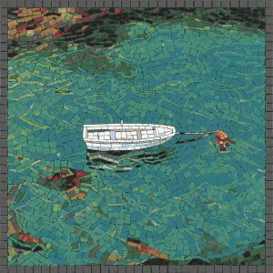 Serene White Boat Mosaic Art – 50×50 cm