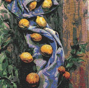 Lemon Still Life Mosaic Art – Vibrant Yellow & Blue