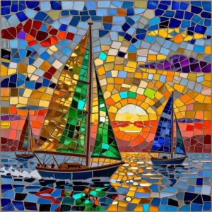 Sunset Sailboats Mosaic Art – Opus Incertum Style