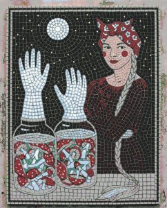 Surreal Mosaic Art: Woman and Moonlit Mushroom Jars