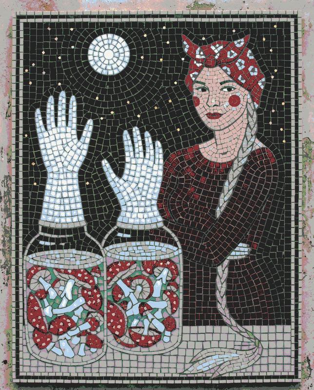 Surreal Mosaic Art: Woman and Moonlit Mushroom Jars