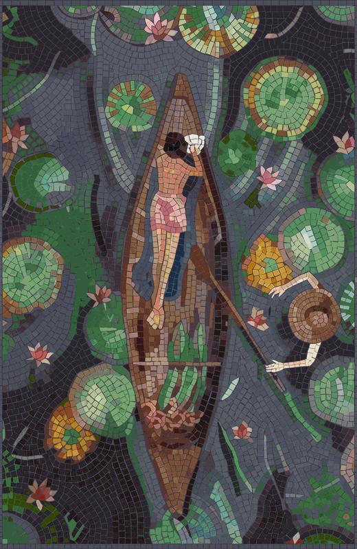 Serene Pond Mosaic Art - Boat and Water Lilies