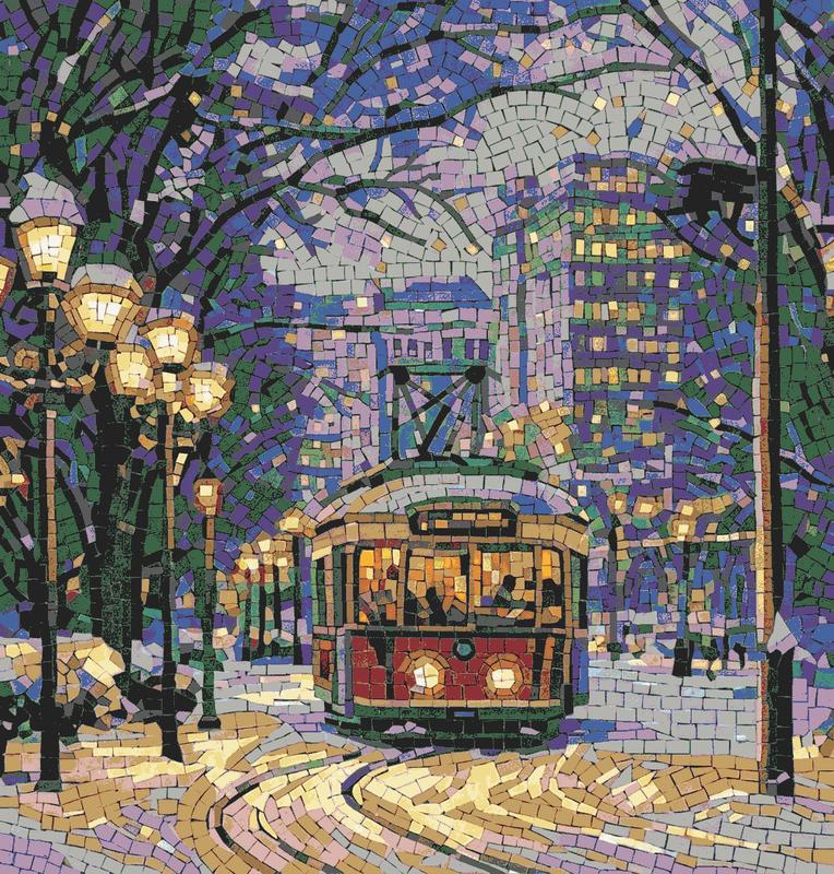Vintage Red Tram in Winter City Mosaic Art
