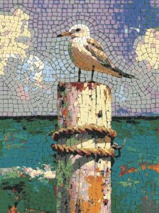 Seagull on Pier Mosaic Art – Coastal Serenity
