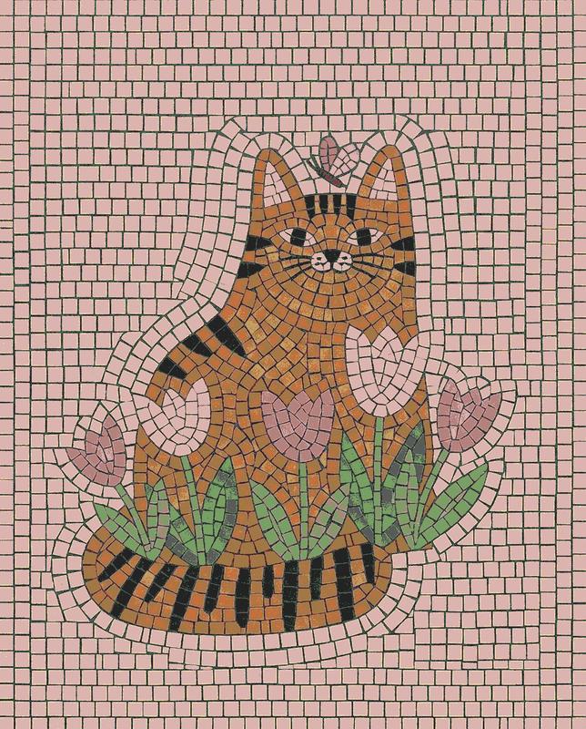 Cute Tabby Cat with Tulips Mosaic Art