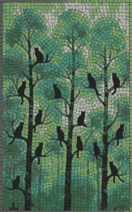 Mysterious Black Cats in Green Trees Mosaic Art