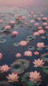Pink Water Lilies Mosaic Art – Serene Pond Scene
