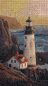 Sunset Lighthouse Mosaic Art – Coastal Serenity