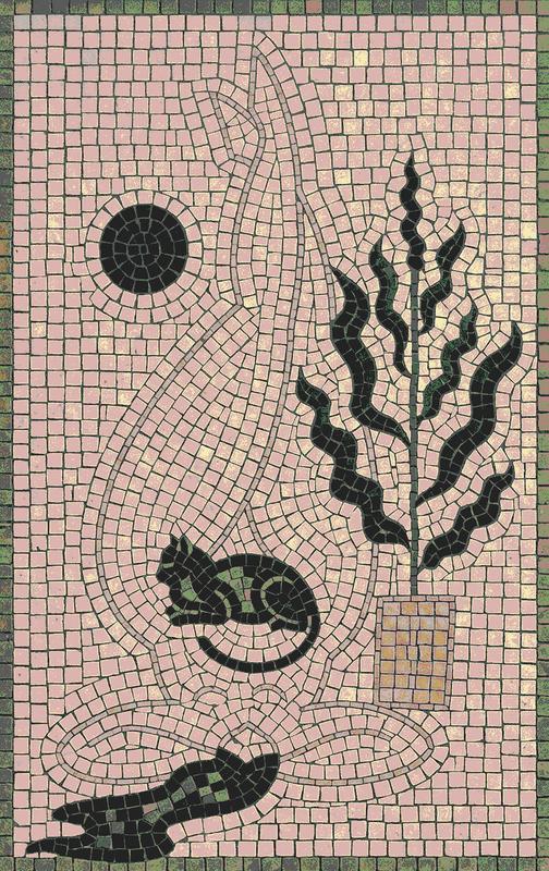 Minimalist Mosaic Art: Stylized Cat and Plant