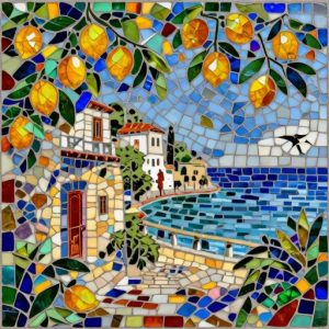 Mediterranean Coast Mosaic Art – Sunny Lemon Landscape