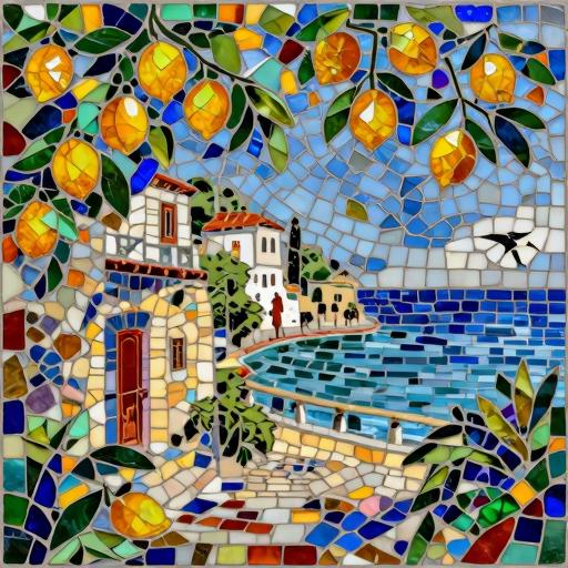 Mediterranean Coast Mosaic Art - Sunny Lemon Landscape