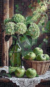 Green Still Life Mosaic Art – Flowers and Apples