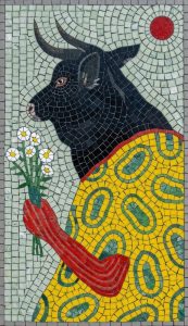 Surreal Black Bull with Daisies Mosaic Art