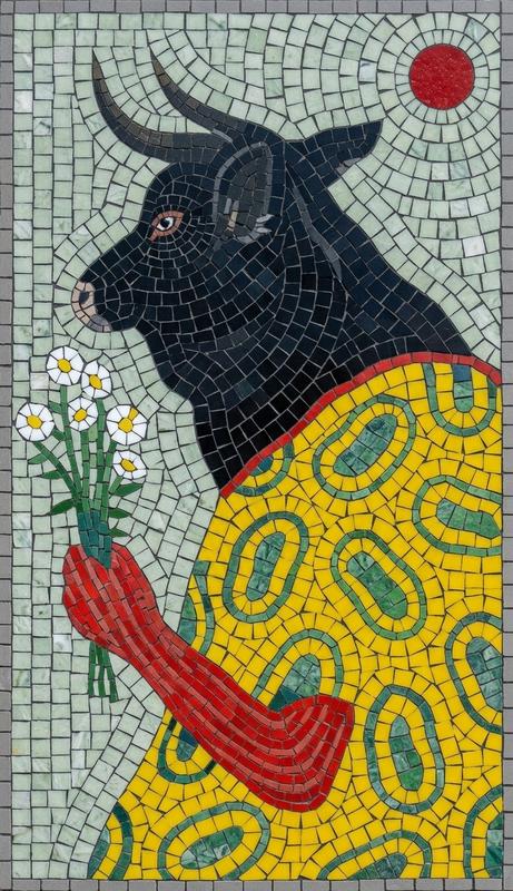 Surreal Black Bull with Daisies Mosaic Art