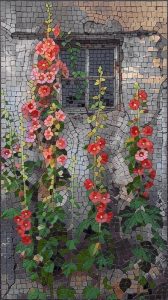 Rustic Hollyhocks Mosaic Art – Stone Wall & Flowers