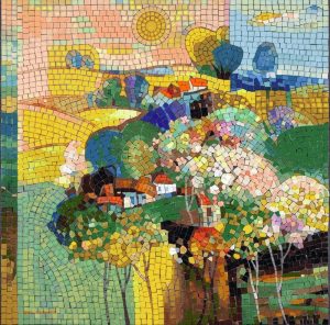Sunny Village Mosaic Art – Colorful Landscape