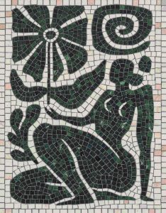 Abstract Green Mosaic Figure with Floral Elements