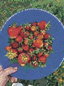 Mosaic Art: Fresh Strawberries in a Blue Bowl