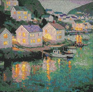 Coastal Village Twilight Mosaic Art