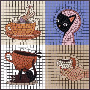 Surreal Cat and Cup Mosaic Art