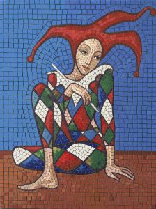 Pensive Jester Mosaic Art – Colorful Harlequin