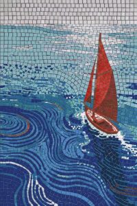 Red Sailboat Mosaic Art – Nautical Ocean Wall Decor