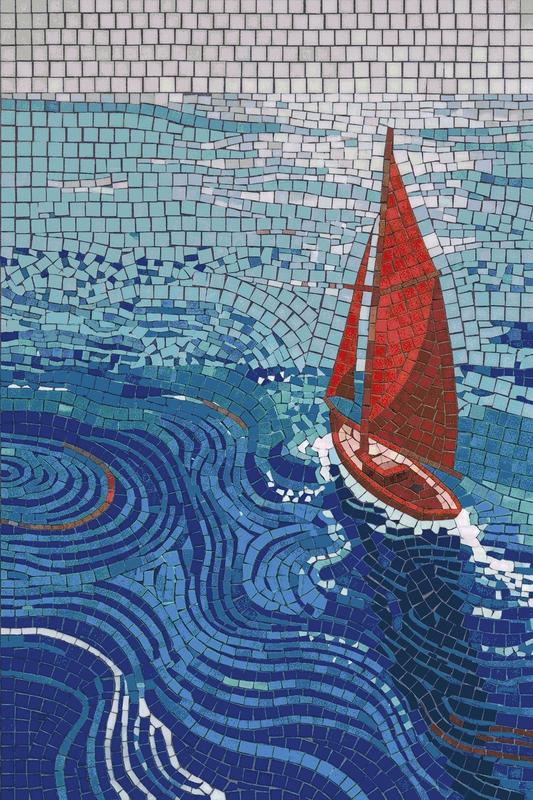 Red Sailboat Mosaic Art - Nautical Ocean Wall Decor