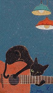 Black Cat on Orange Guitar Mosaic Art