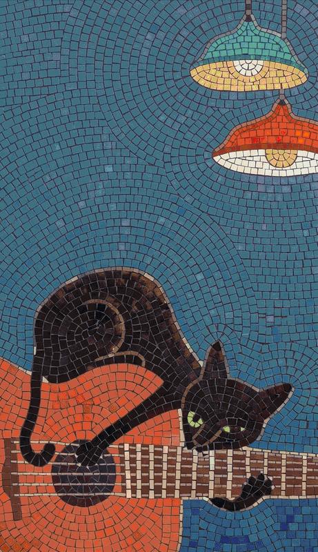 Black Cat on Orange Guitar Mosaic Art