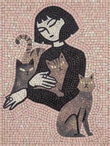 Mosaic Art: Woman and Her Three Grey Cats