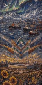 Surreal Mosaic: Maritime Dreams and Golden Stadium