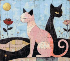 Pink and Black Cats Mosaic Art – Whimsical Wall Decor