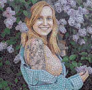 Smiling Woman with Floral Tattoo Mosaic Art