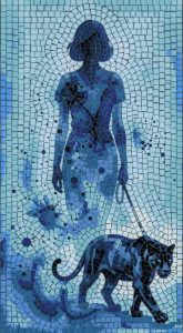 Blue Mosaic Art: Woman Walking a Black Panther