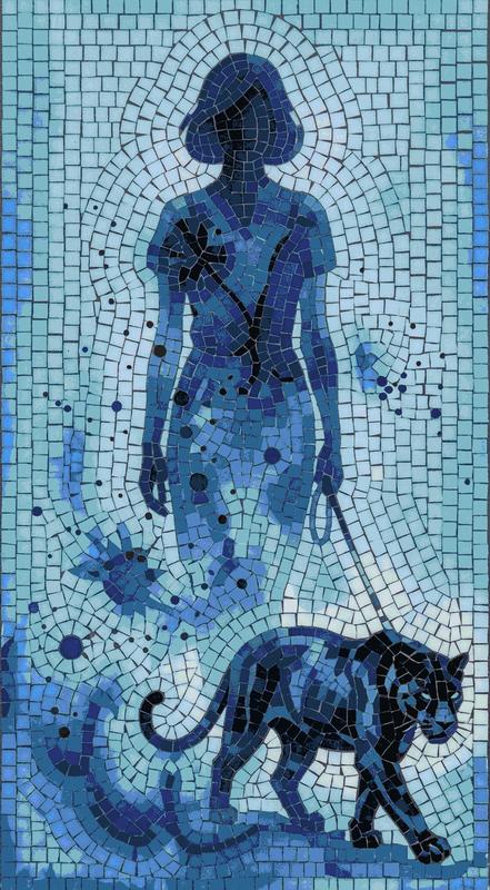 Blue Mosaic Art: Woman Walking a Black Panther