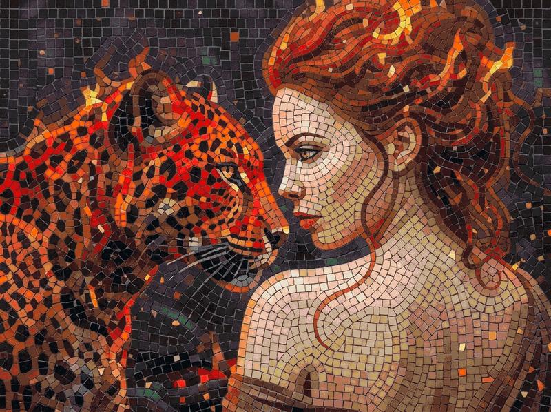 Woman and Leopard Mosaic Art - Intimate Encounter