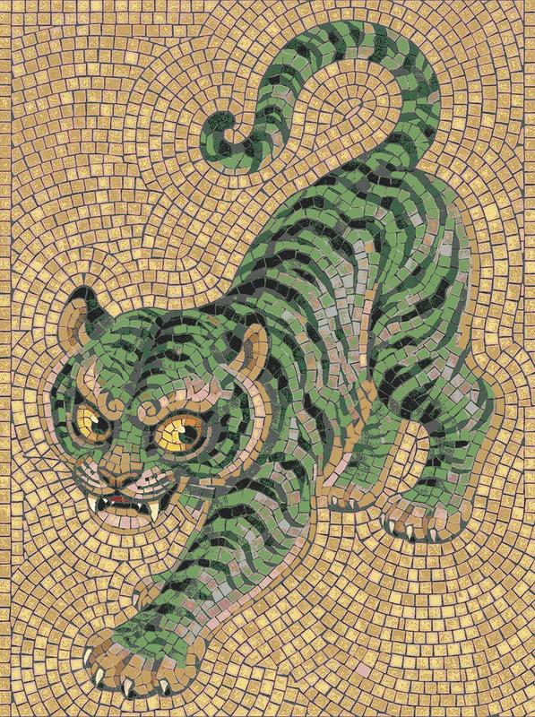 Green Mosaic Tiger Art - Golden Background
