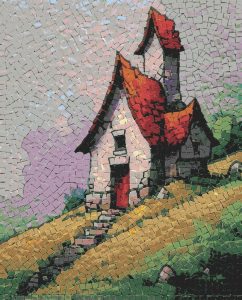 Whimsical Red-Roofed House Mosaic Art