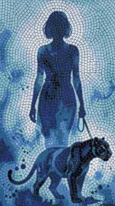 Blue Mosaic Silhouette: Person and Panther