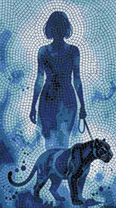 Blue Mosaic Silhouette: Person and Panther