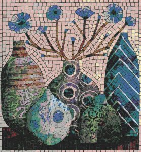 Mosaic Art: Blue Flowers in Decorative Vases