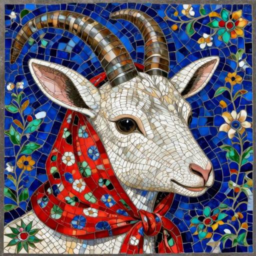 White Goat in Red Scarf - Florentine Mosaic Art