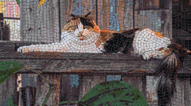 Mosaic Art: Serene Tricolor Cat on a Ledge