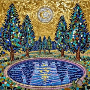 Byzantine Mosaic: Night Park with Cypress Trees