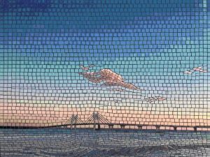 Sunset Bridge Mosaic Art – Serene Landscape