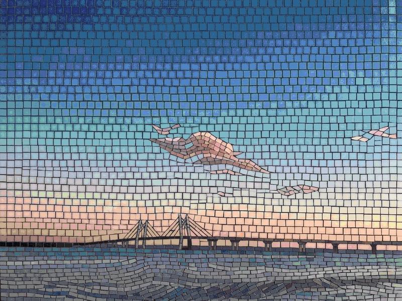 Sunset Bridge Mosaic Art - Serene Landscape