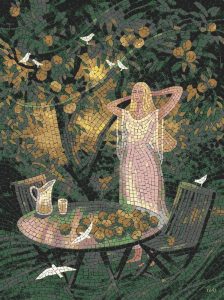 Serene Garden Mosaic Art – Blonde Woman and Birds